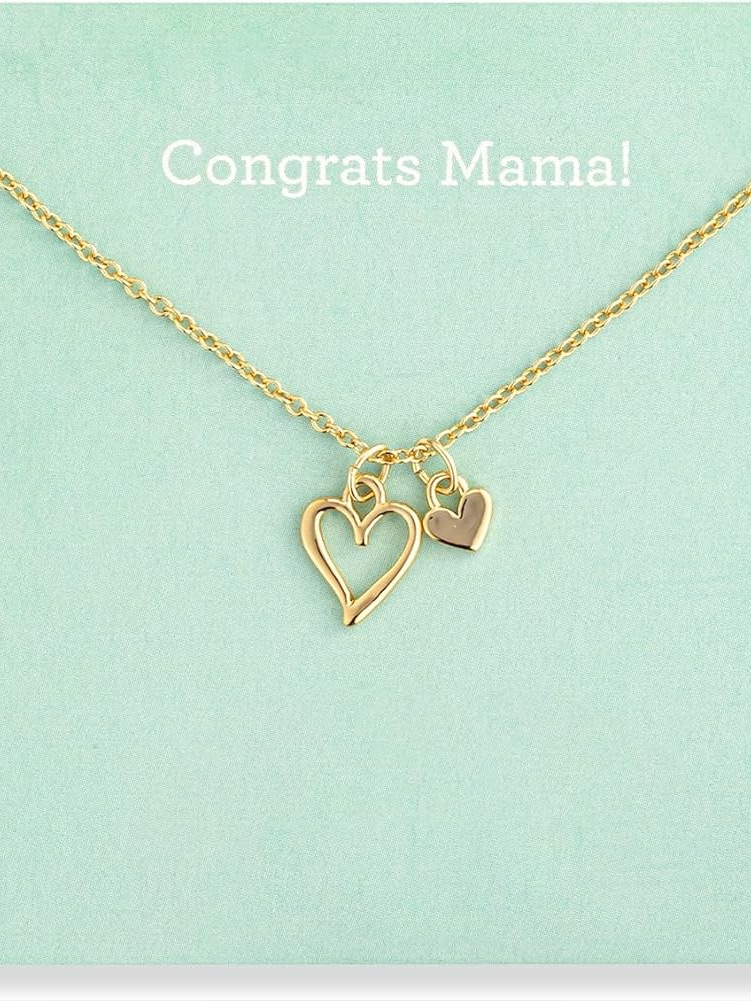 Gold Double Heart Pendant Necklace - Congrats Mama, 14kgp, Floral Card. 16”.